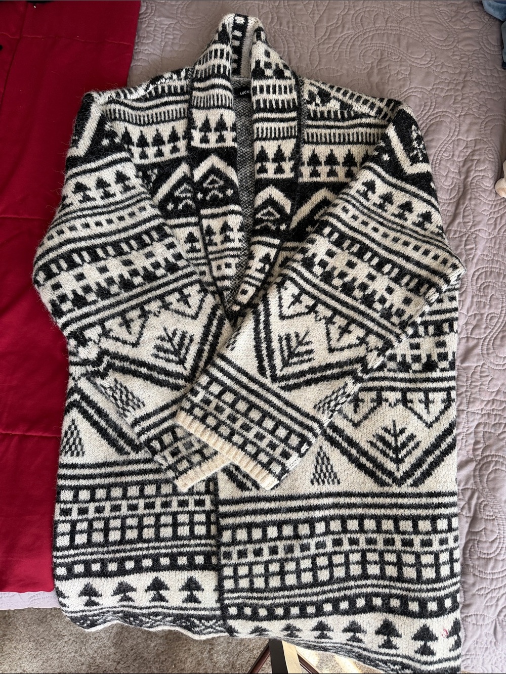 Lucky Brand Black and Cream Geometric Shawl Collar Cardigan size L for women
